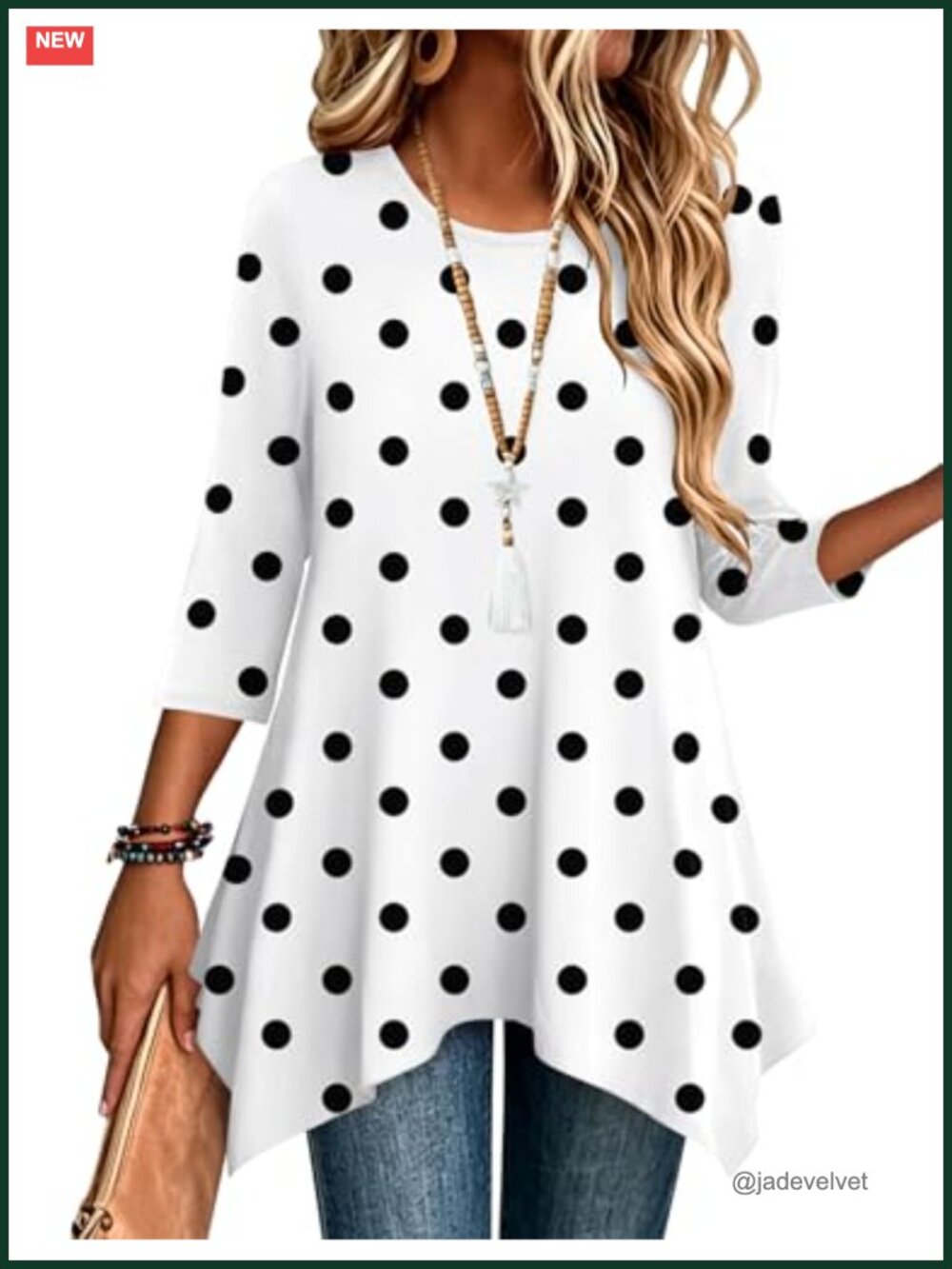 3/4 Sleeve Loose Fit Dressy Tunic Top with Polka Dots Asymmetrical Hem Flowy